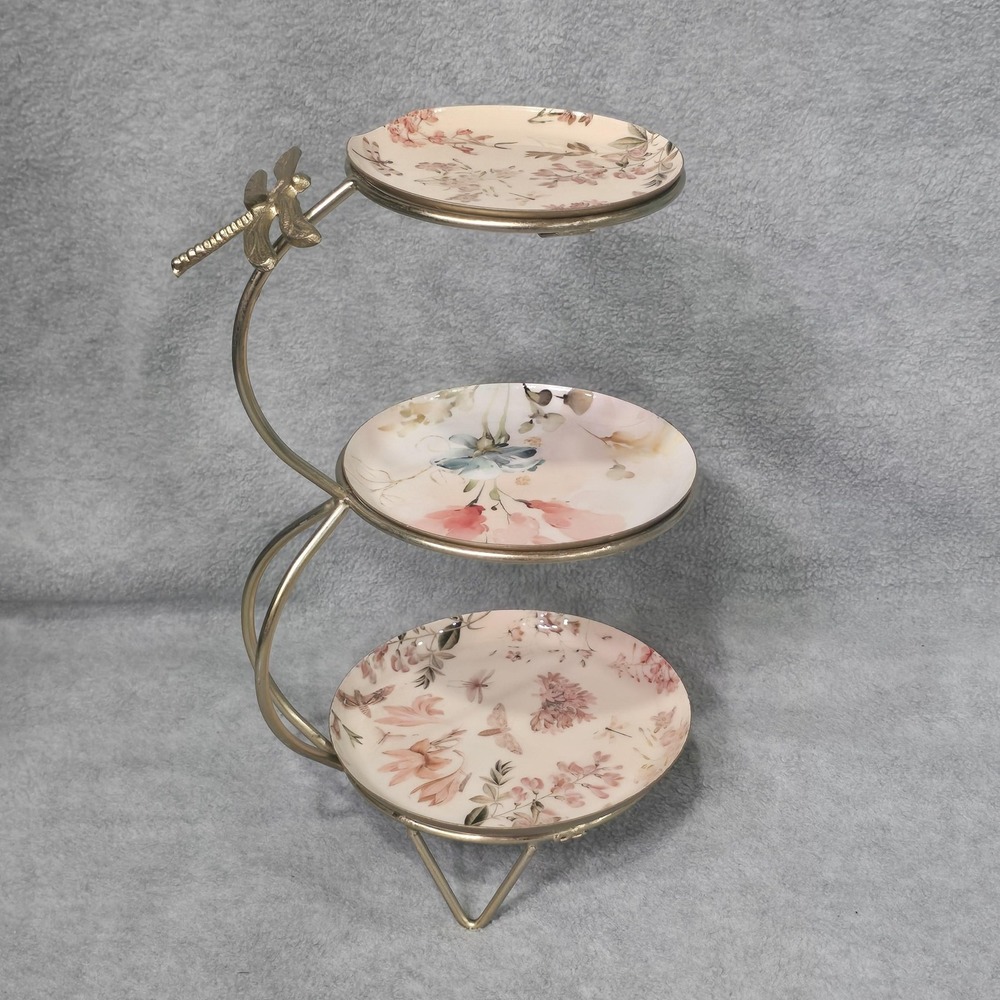 Floral Dragonfly 3 Tier Jewelry Stand Gold Metal Trinket Tray Cottagecore